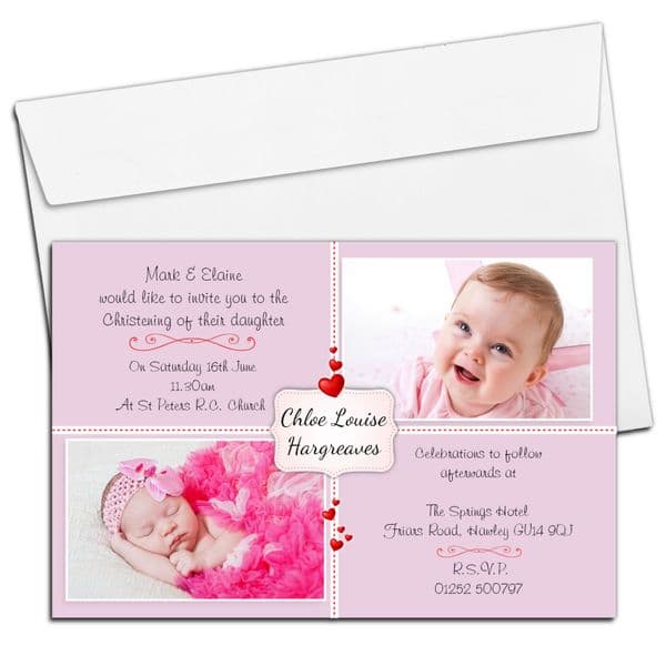 10 Personalised Girls Hearts Christening Baptism Photo Invitations N113