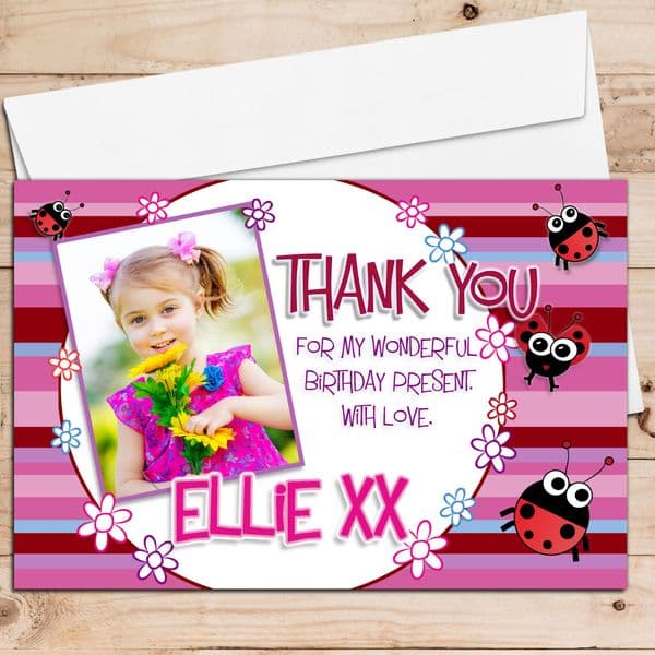 10 Personalised Girls Ladybirds & Flowers Birthday Party Thank you PHOTO Cards N231