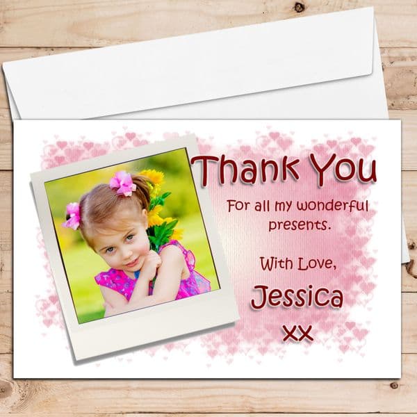 10 Personalised Girls Pink Hearts Birthday Thank you PHOTO Cards N88