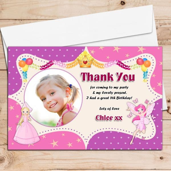 10 Personalised Girls Princess & Fairies Birthday Thank you PHOTO Cards N180