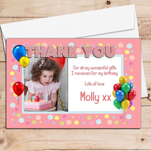 10 Personalised Girls Spotty Balloons Birthday Thank you PHOTO Cards N69