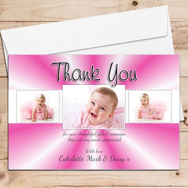 10 Personalised Girls Thank you PHOTO Cards N133 - Birthday Christening New Baby Birth