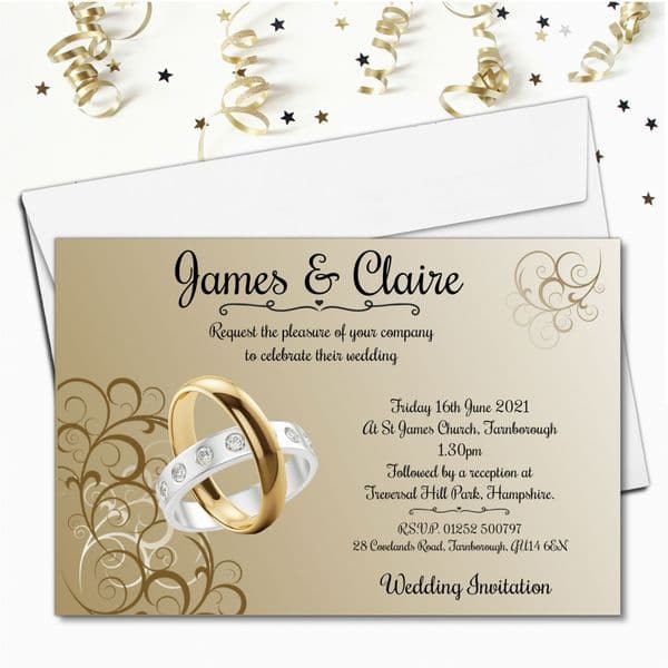 10 Personalised Gold and Silver Rings Wedding Invitations Day or Evening N61