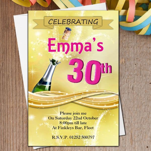 10 Personalised Gold Champagne Burst Birthday Party Invitations N198 - Any age