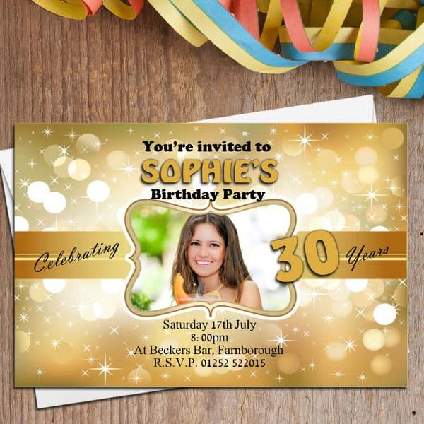 10 Personalised Gold Glitz Birthday Party PHOTO Invitations N151