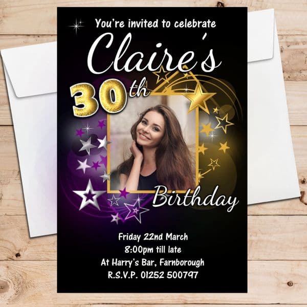 10 Personalised Gold & Purple Stars Birthday Party Invitations N215 ANY AGE