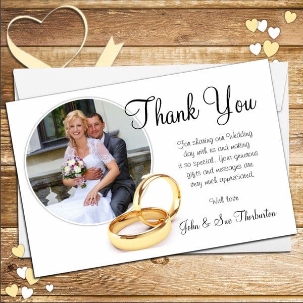 10 Personalised Gold Rings Wedding Day Thank you PHOTO cards N122