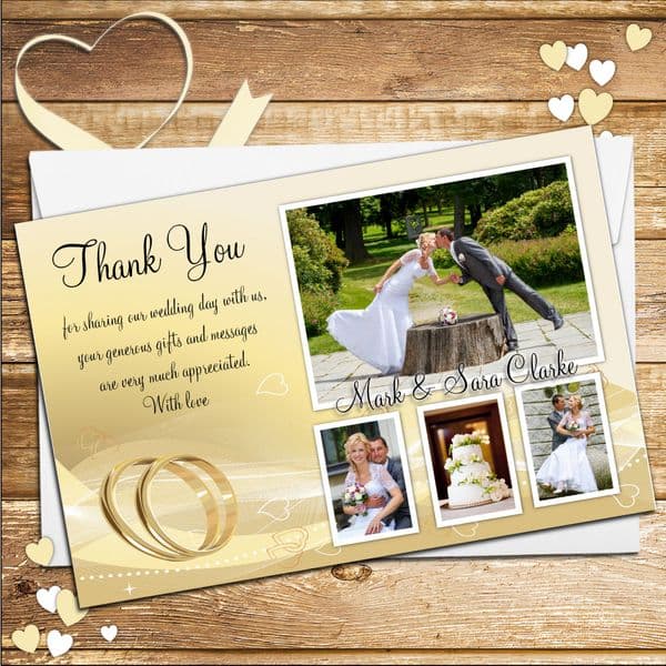 10 Personalised Gold rings Wedding Day Thank you Photo Cards N189