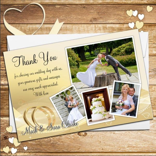 10 Personalised Gold Rings Wedding Day Thank you Photo cards N190