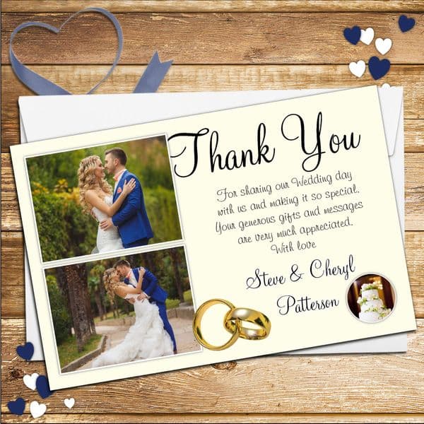 10 Personalised Gold Rings Wedding Day Thank you Photo cards N42