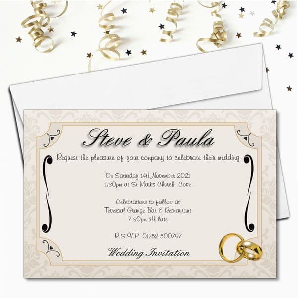 10 Personalised Gold Rings Wedding Invitations ~ Day / Evening N49