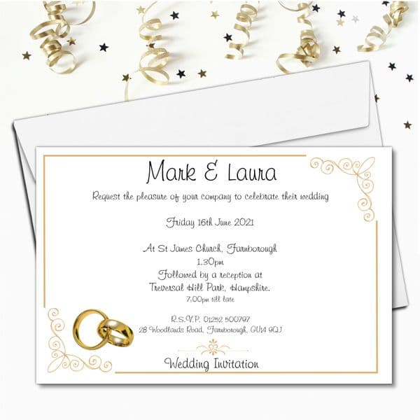 10 Personalised Gold Rings Wedding Invitations Day / Evening N54