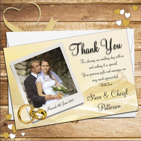 10 Personalised Gold Rings Wedding Thank you Photo cards N104