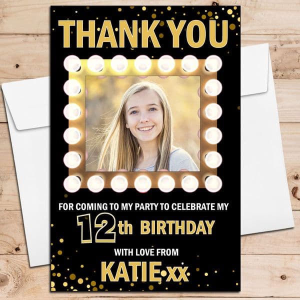 10 Personalised Gold Sparkle Birthday Thank you PHOTO Cards N250