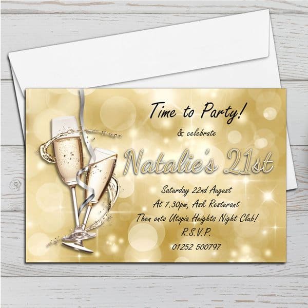10 Personalised Gold Sparkle Champagne Birthday Party Invitations N182