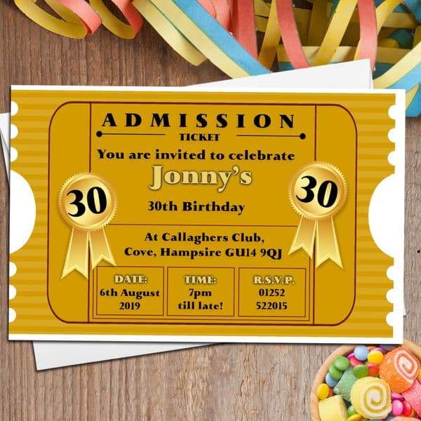 10 Personalised Gold Ticket Birthday Party Invitations N96