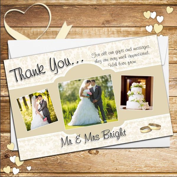 10 Personalised Gold Wedding Thank you PHOTO cards N205