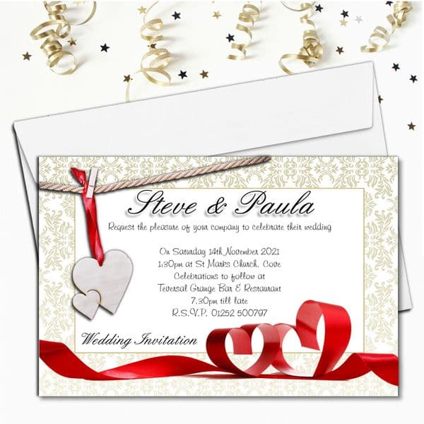 10 Personalised Heart Ribbons Wedding Invitations ~ Day or Evening N47