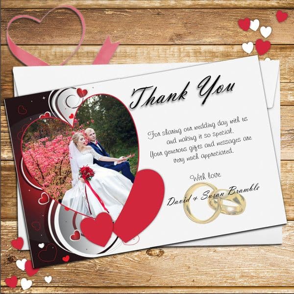 10 Personalised Hearts Wedding Day Thank you PHOTO cards N176.