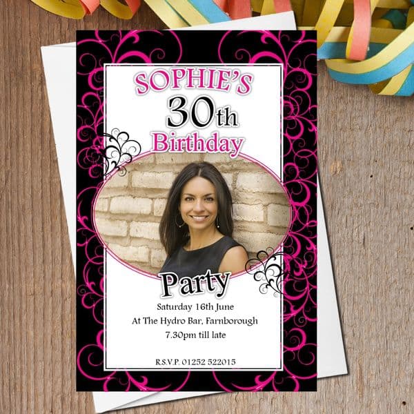 10 Personalised Hot Pink Swirls Birthday Party PHOTO Invitations N164