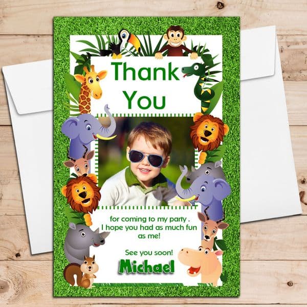10 Personalised Jungle Animals Birthday Thank you PHOTO Cards Any age! N157