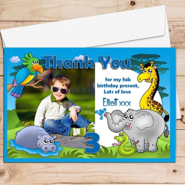 10 Personalised Jungle Animals Birthday Thank you PHOTO Cards N112