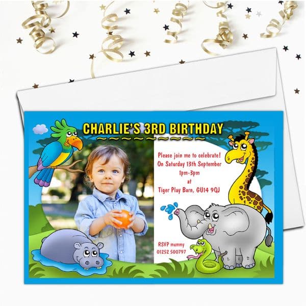 10 Personalised Jungle Birthday Party PHOTO Invitations N16