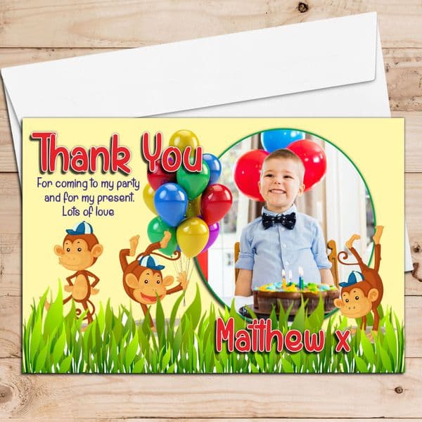10 Personalised Monkey Thank you PHOTO Cards Any age! N121
