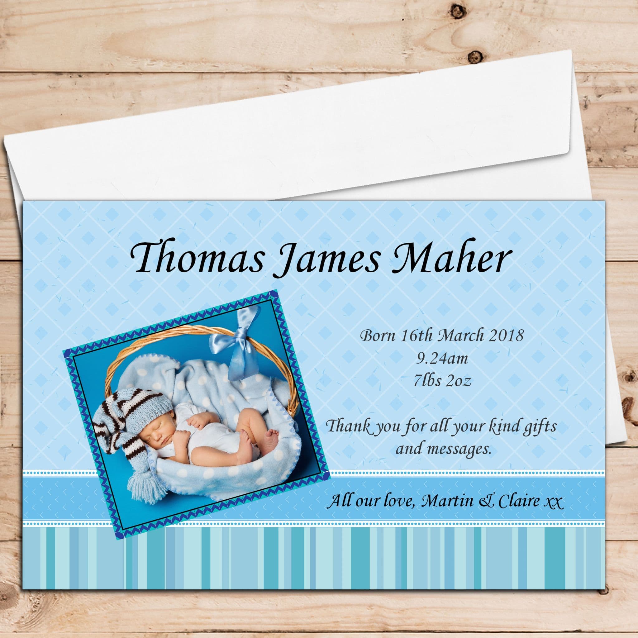 10 Personalised New Baby Boy Birth Announcement Thank you PHOTO cards N16