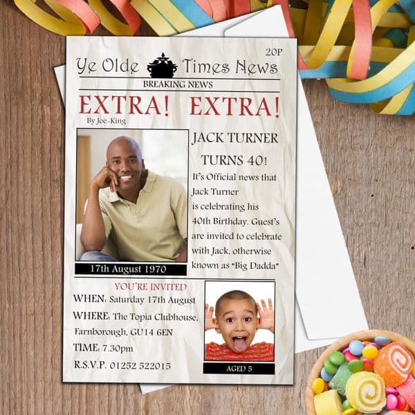 10 Personalised Newspaper Style Birthday PHOTO Invitations N132