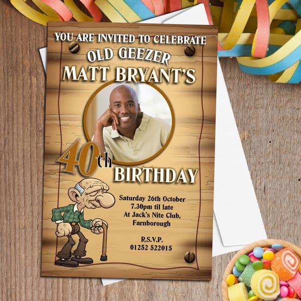 10 Personalised Old Geezer Birthday Party PHOTO Invitations N148