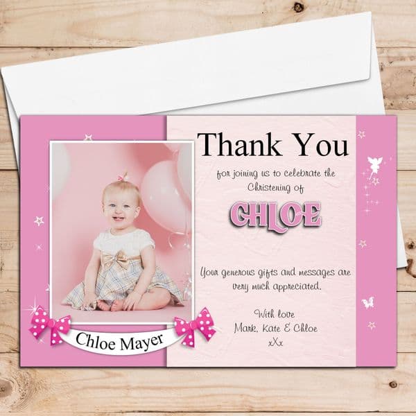 10 Personalised Pink fairy sparkle Thank you PHOTO Cards N195 - Birthday Christening New Baby