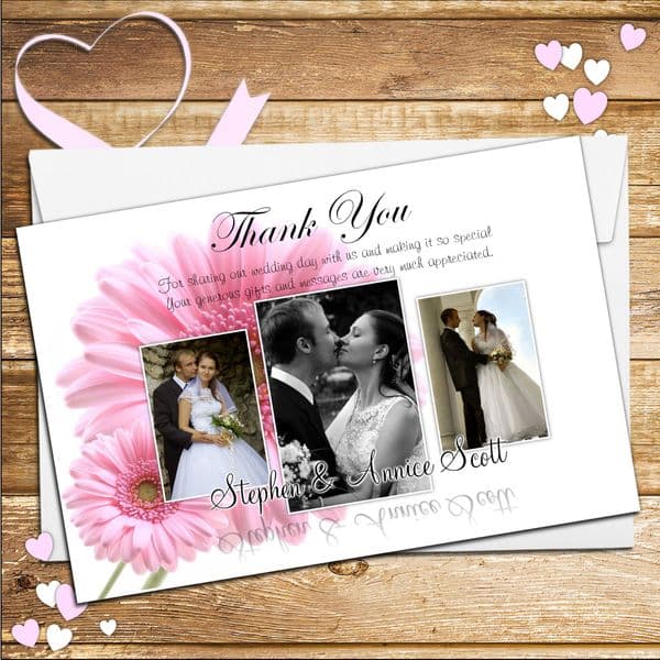 10 Personalised Pink Gerbera Wedding Thank you Photo cards N39