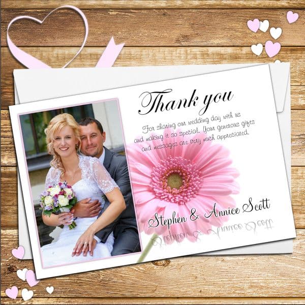 10 Personalised Pink Gerbera Wedding Thank you Photo cards N40