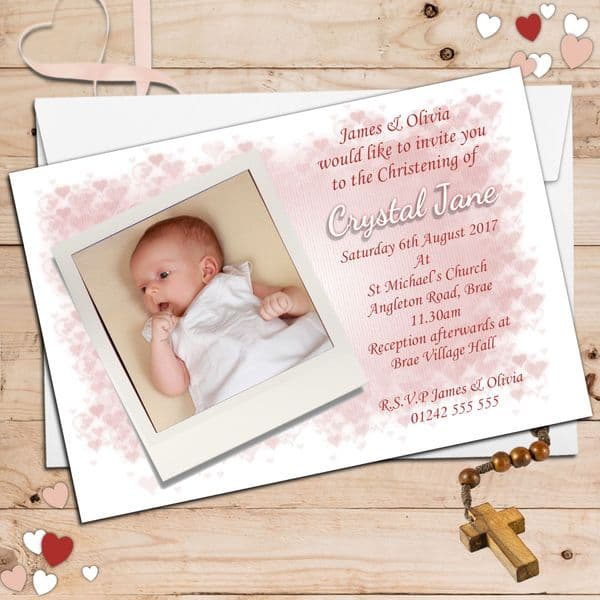 10 Personalised Pink Hearts Christening Baptism Photo Invitations N31