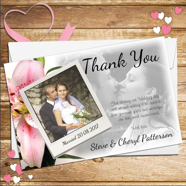 10 Personalised Pink Lily Wedding Day Thank you Photo Cards N55