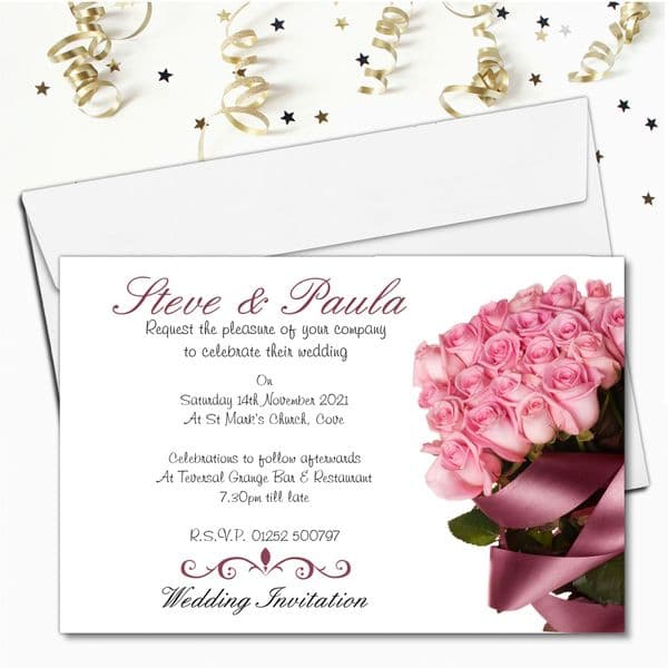 10 Personalised Pink Rose Wedding Invitations Day/Evening N36