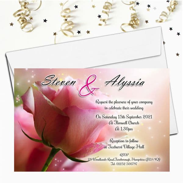 10 Personalised Pink Rose Wedding Invitations N57