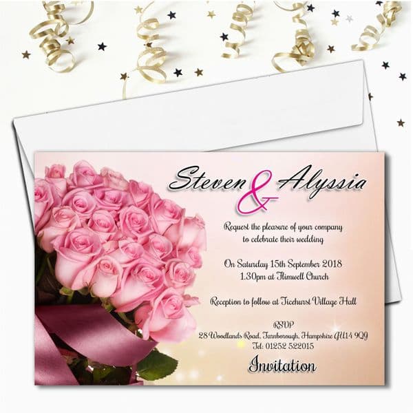 10 Personalised Pink Rose Wedding Invitations N58
