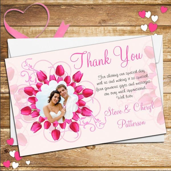 10 Personalised Pink Rose Wedding Thank you Photo cards N36.