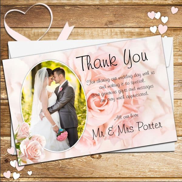 10 Personalised Pink Roses Wedding Day Thankyou PHOTO cards N182