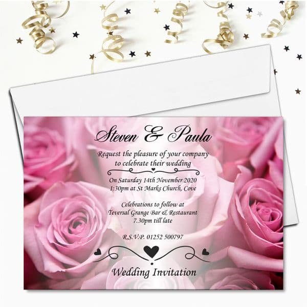 10 Personalised Pink Roses Wedding Invitations Day / Evening N52