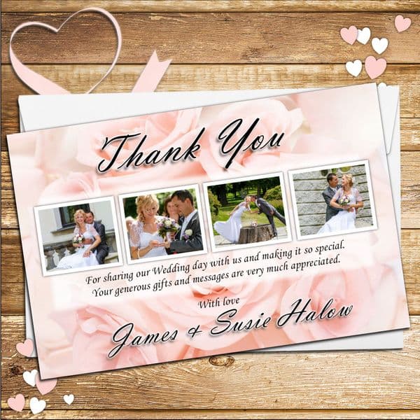 10 Personalised Pink Roses Wedding Thank you Photo Cards N136
