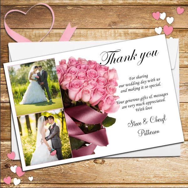 10 Personalised Pink Roses Wedding Thank you PHOTO Cards N171