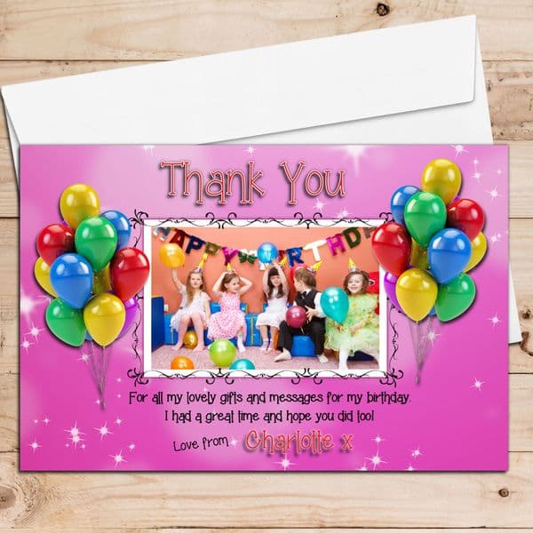 10 Personalised Pink Sparkle Birthday Thank you PHOTO Cards N64