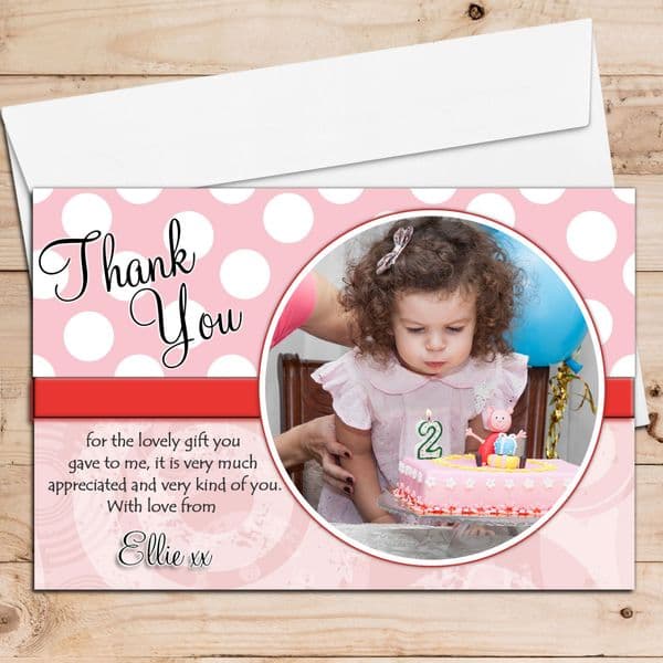 10 Personalised Pink Spotty Girls Birthday Thank you PHOTO Cards N56