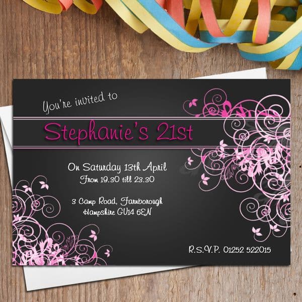 10 Personalised Pink Swirl Birthday Party Invitations N128