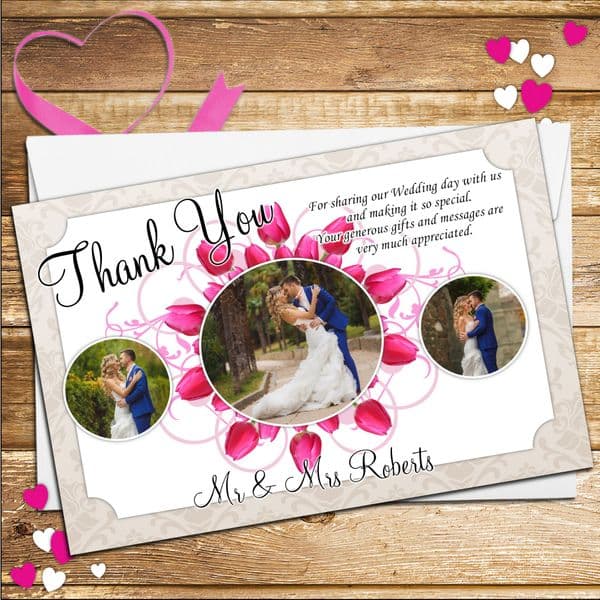 10 Personalised Pink Tulip Wedding Day Thank you Photo cards N50