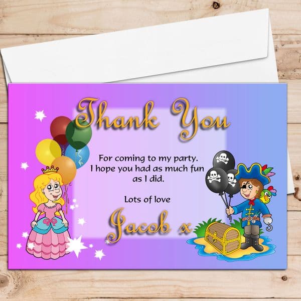 10 Personalised Pirate and Princess Birthday Party Thank you Cards N118