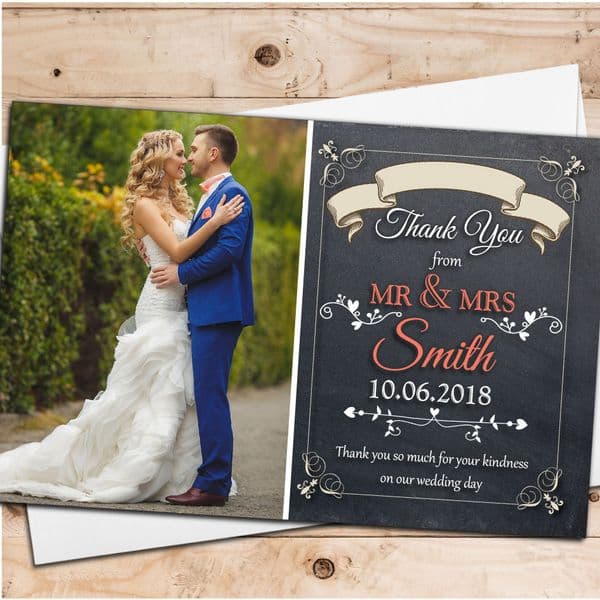 10 Personalised Premium Chalkboard Style Wedding Thank you Photo Cards N259
